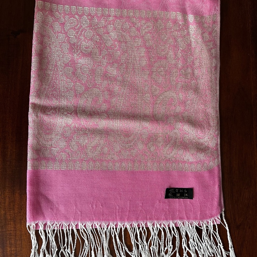 Source Unknown Pink and Cream Scarves with Fringed Ends